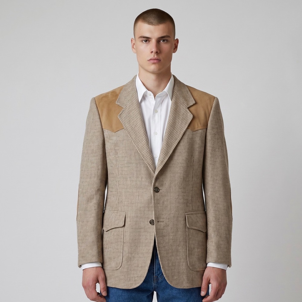 VTG 70s Pendleton Western Blazer Mens 40L Wool‎ Suede Yoke Houndstooth Tweed USA